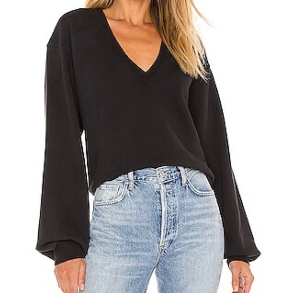 V Neck Balloon Sleeve Sweatshirt in Black